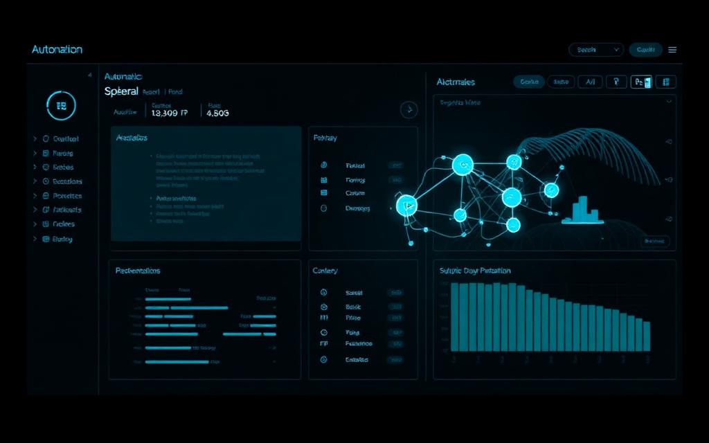 Dark automation dashboard showing connected workflow nodes